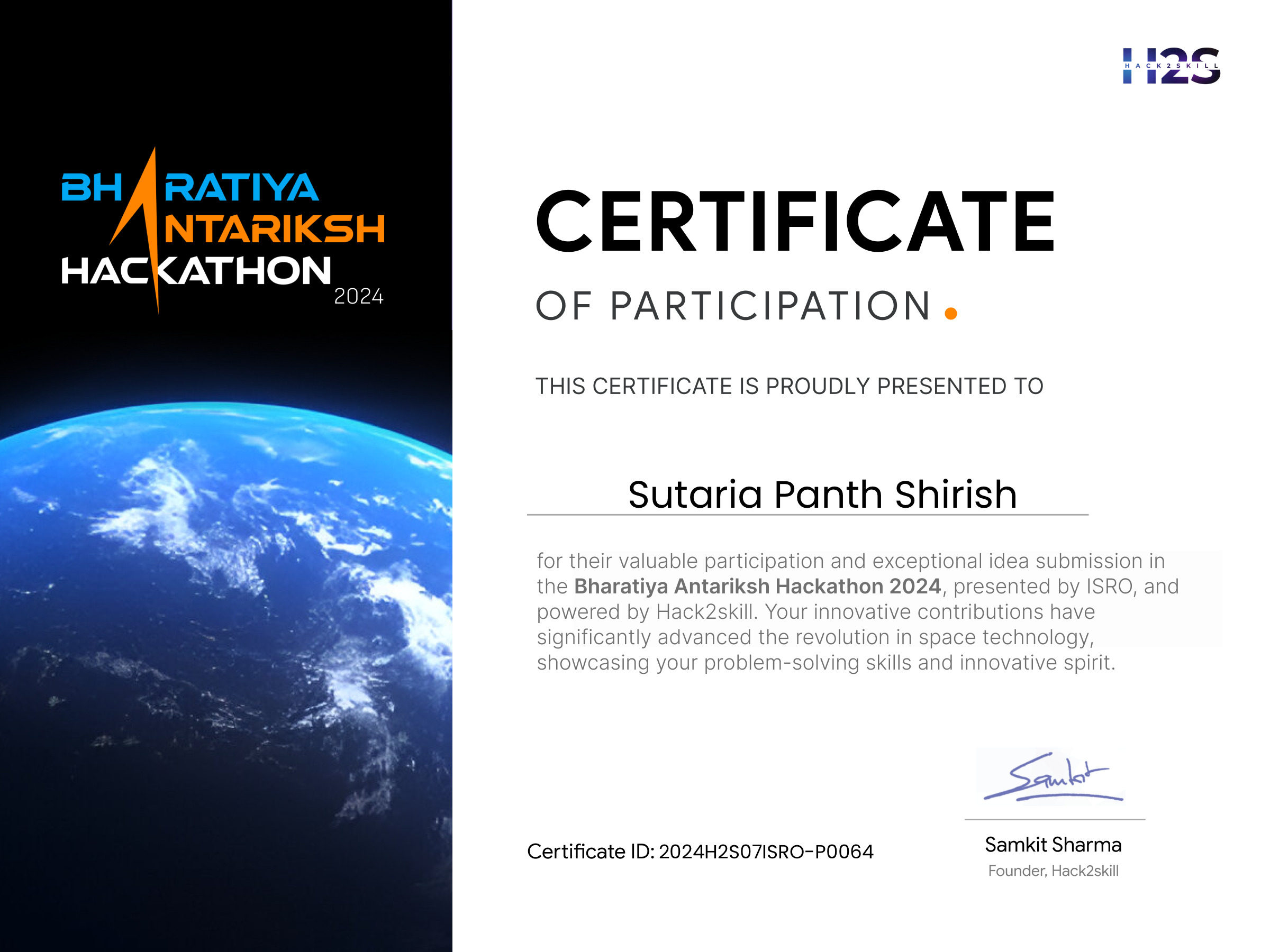 ISRO Hackathon 2024 Certificate
